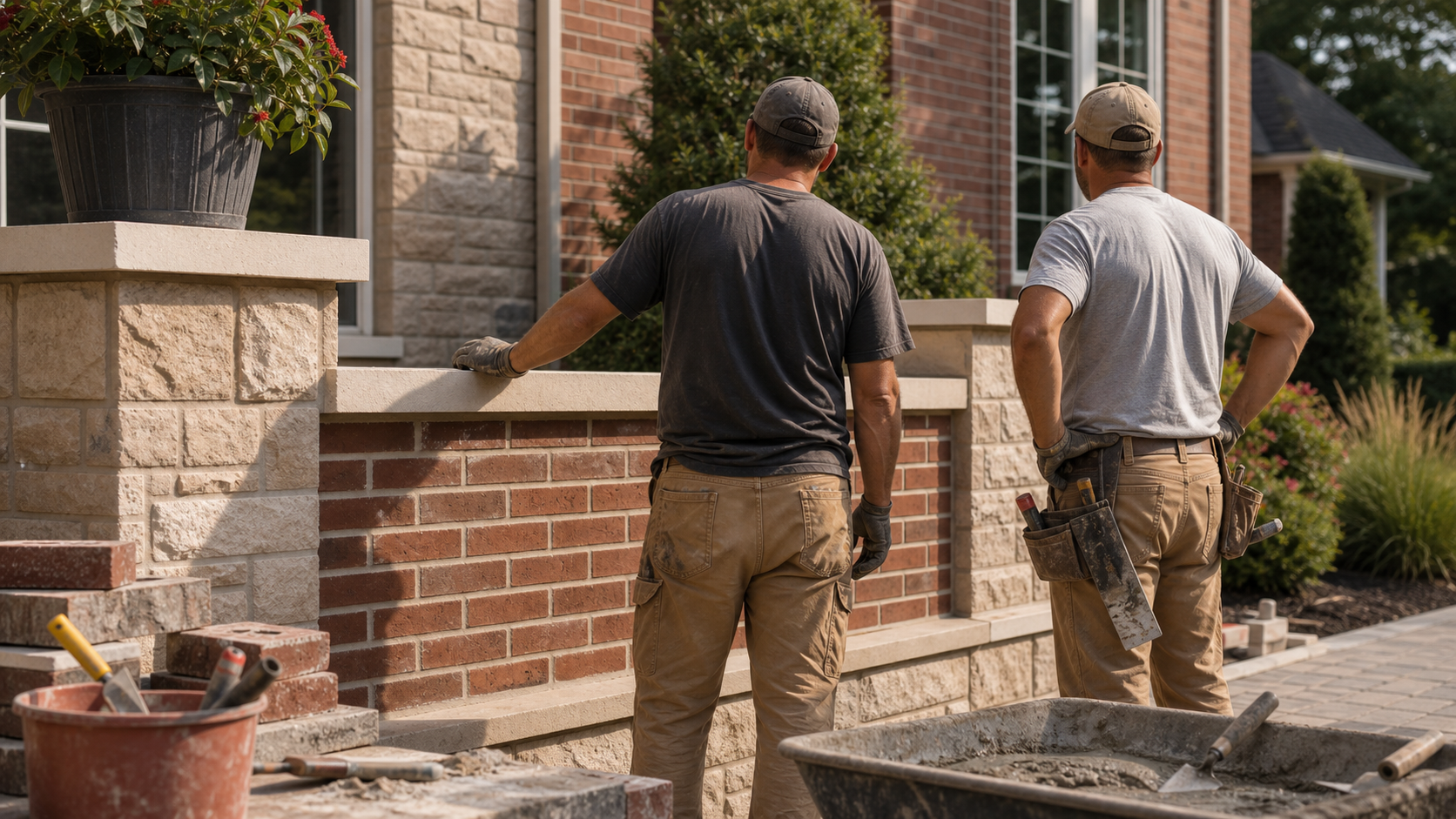 Masonry contractors inspecting finished brick and stonework on a tidy jobsite