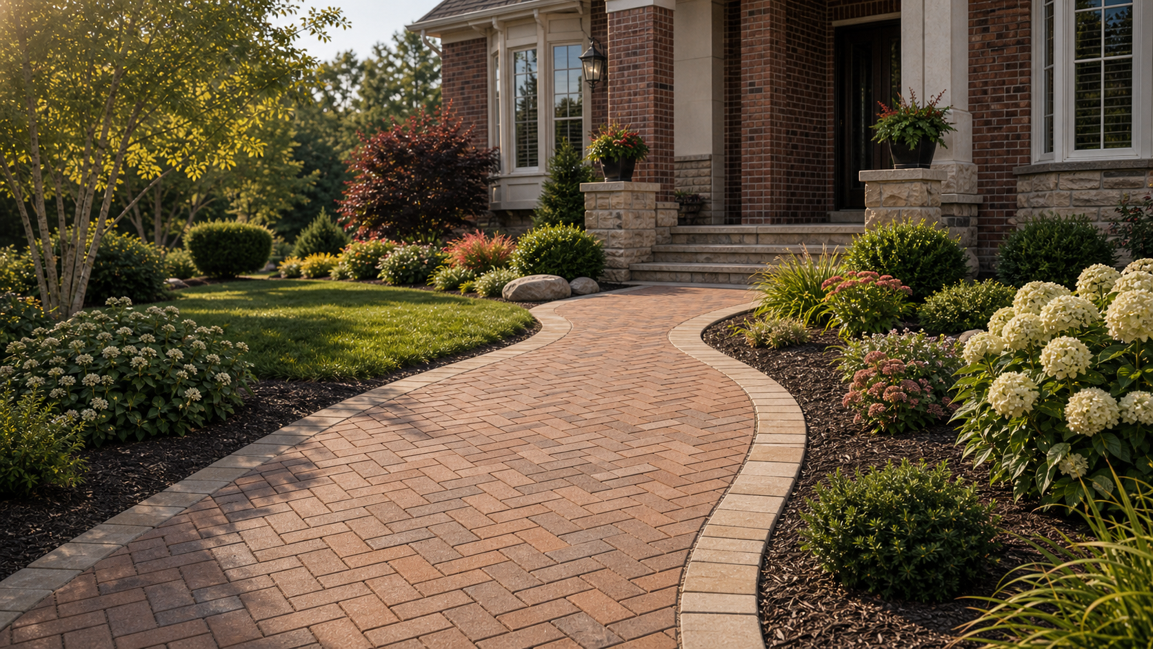 Curving brick walkway leading through a landscaped Wisconsin front yard