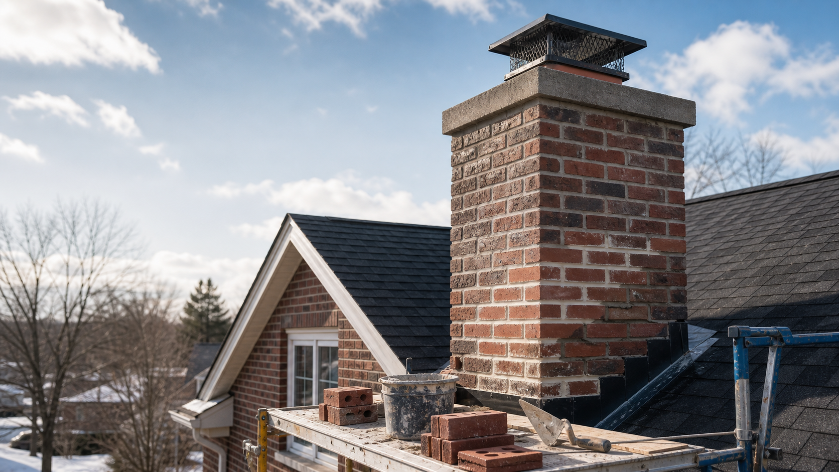 Brick chimney repair on a Wisconsin home roofline