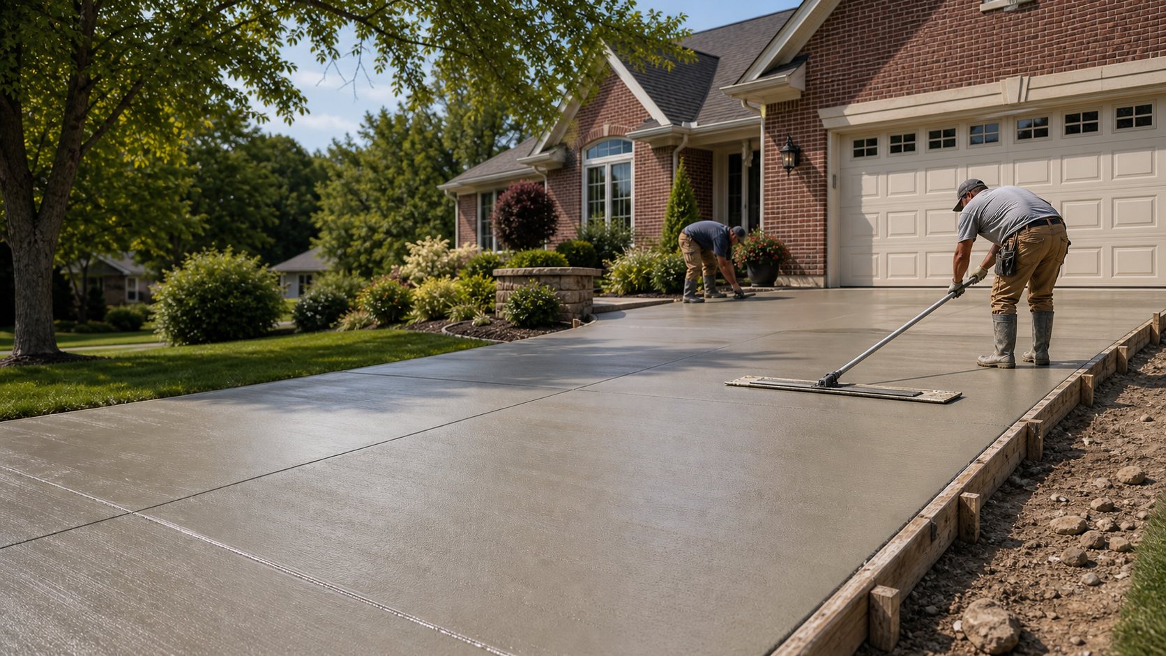 Concrete driveway finishing with professional forms and tools