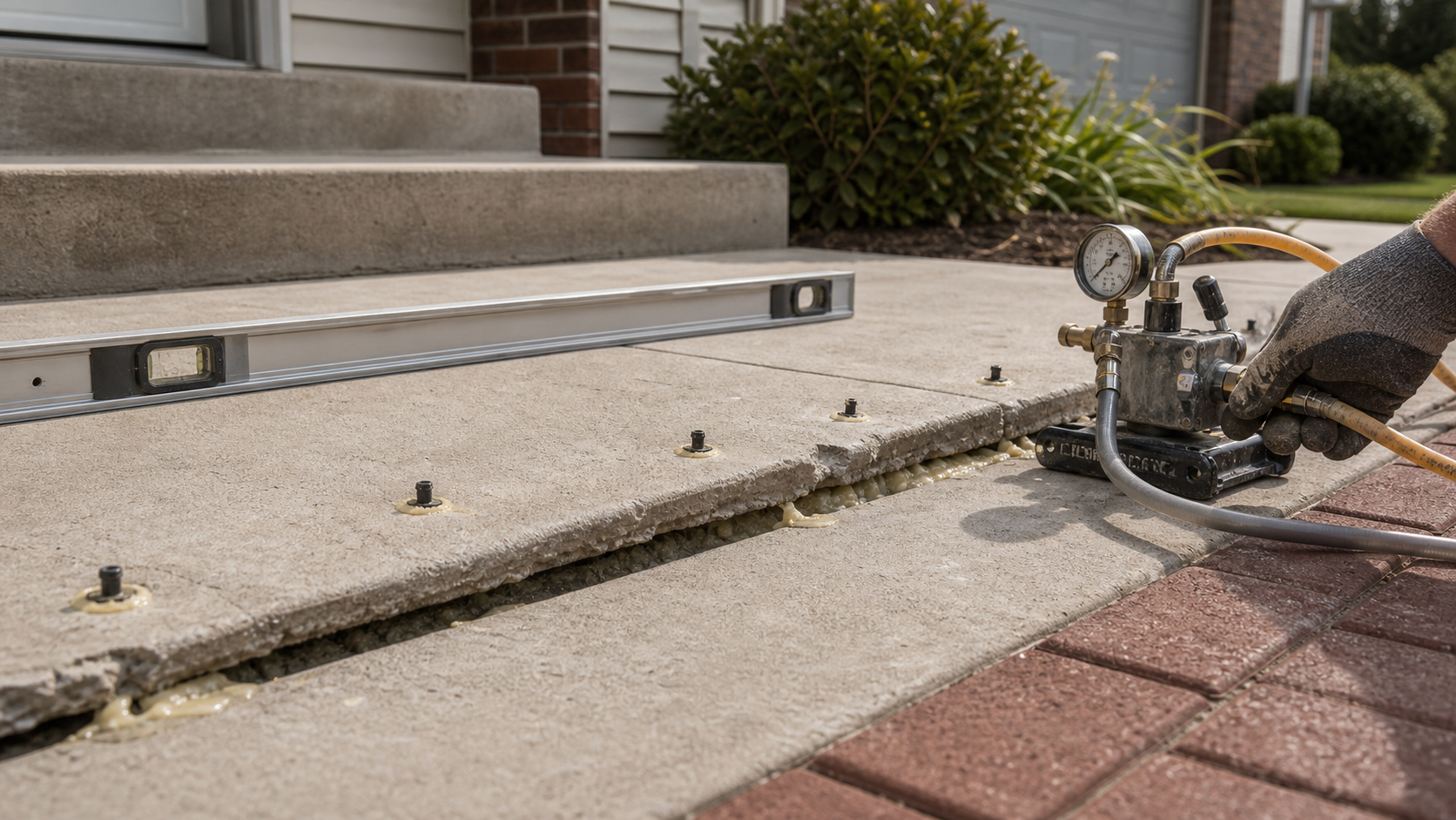 Concrete slab raising and leveling repair with injection ports
