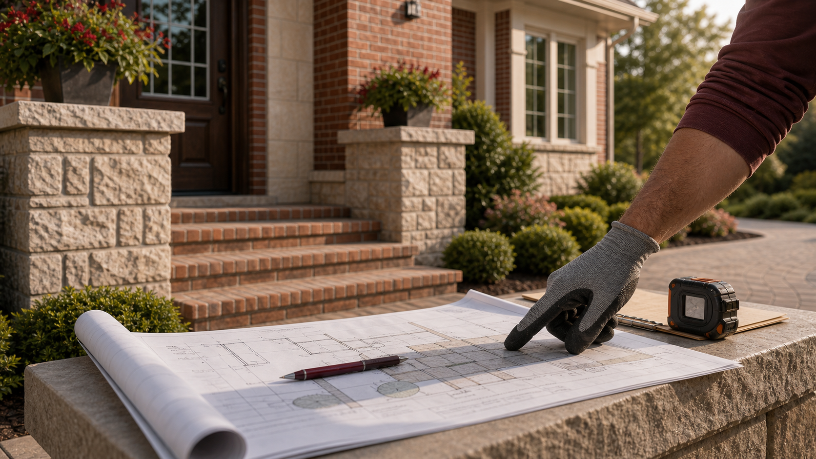 Masonry estimate plans and measuring tape on a brick and stone entry ledge