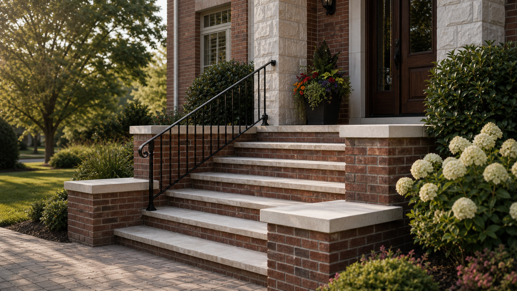 Brick and stone entry steps with limestone caps and clean landscaping