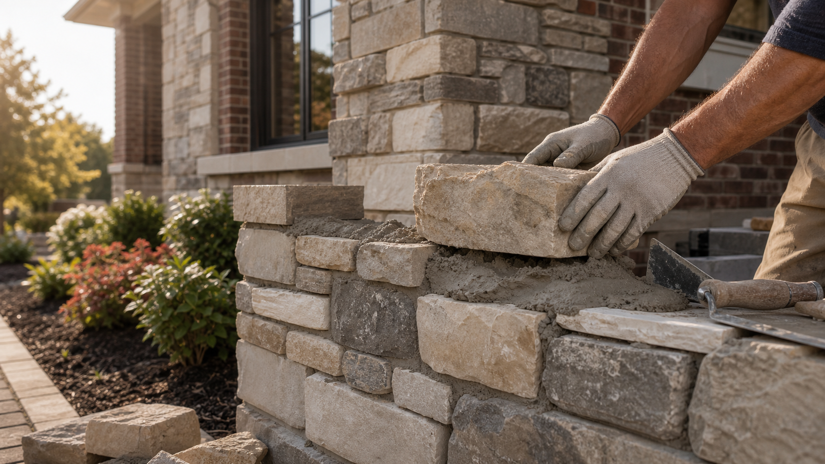 Natural stone masonry wall installation with limestone and fieldstone