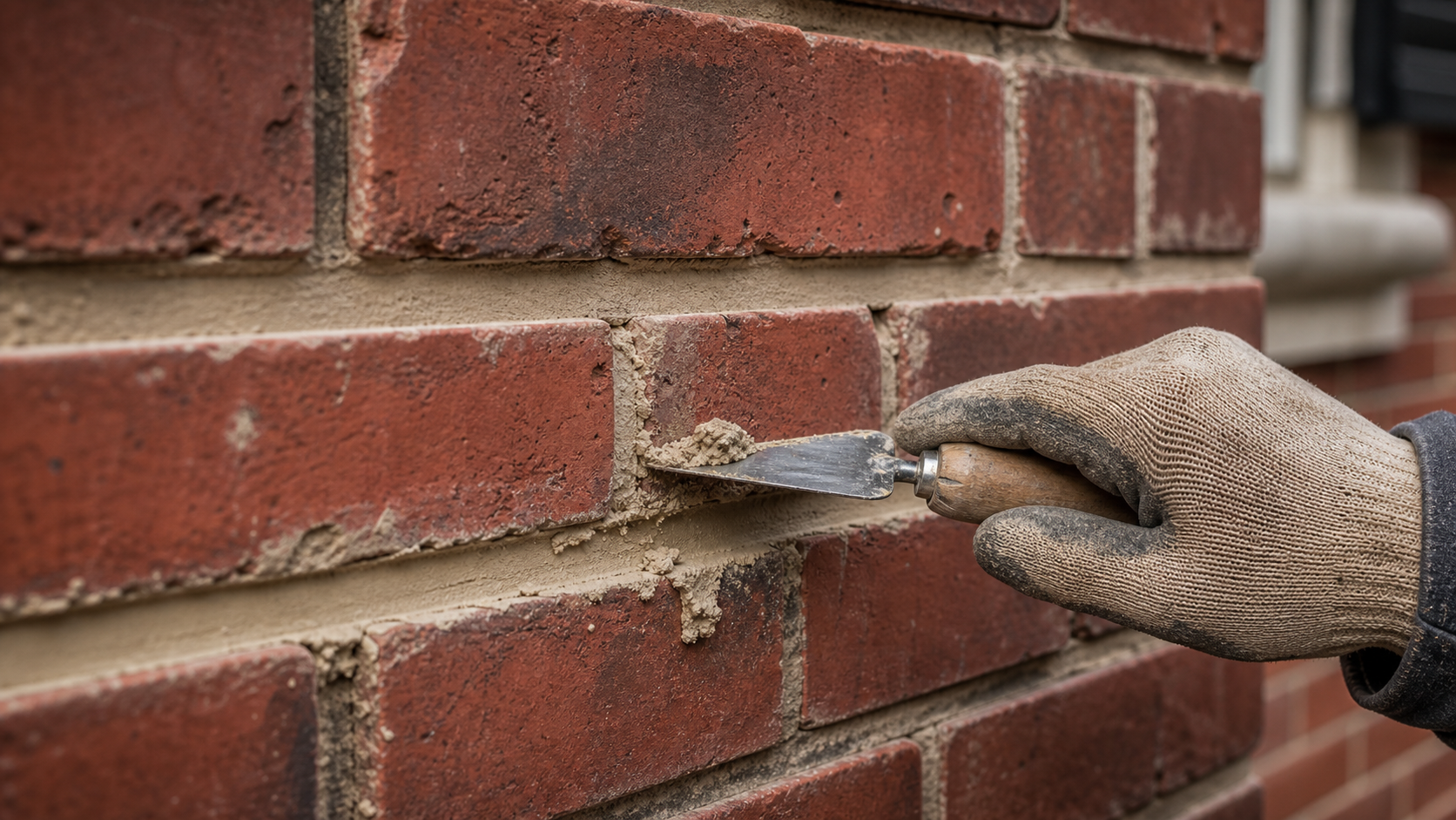 Close-up tuckpointing mortar restoration on aged red brick